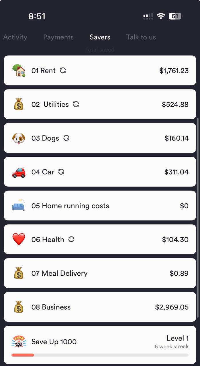 Up Bank app showing numbered Savers with automatic savings buckets