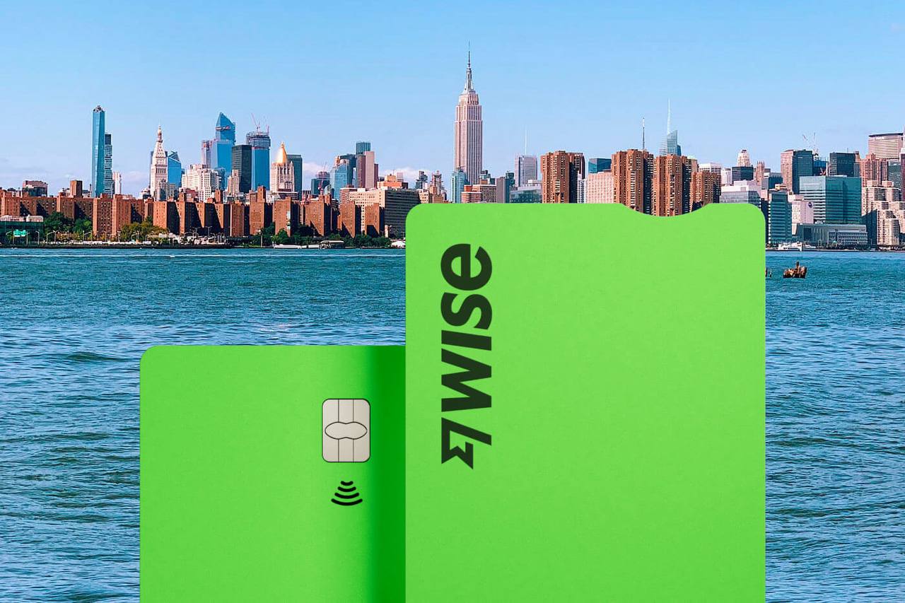 Wise card with city skyline for international money and travel